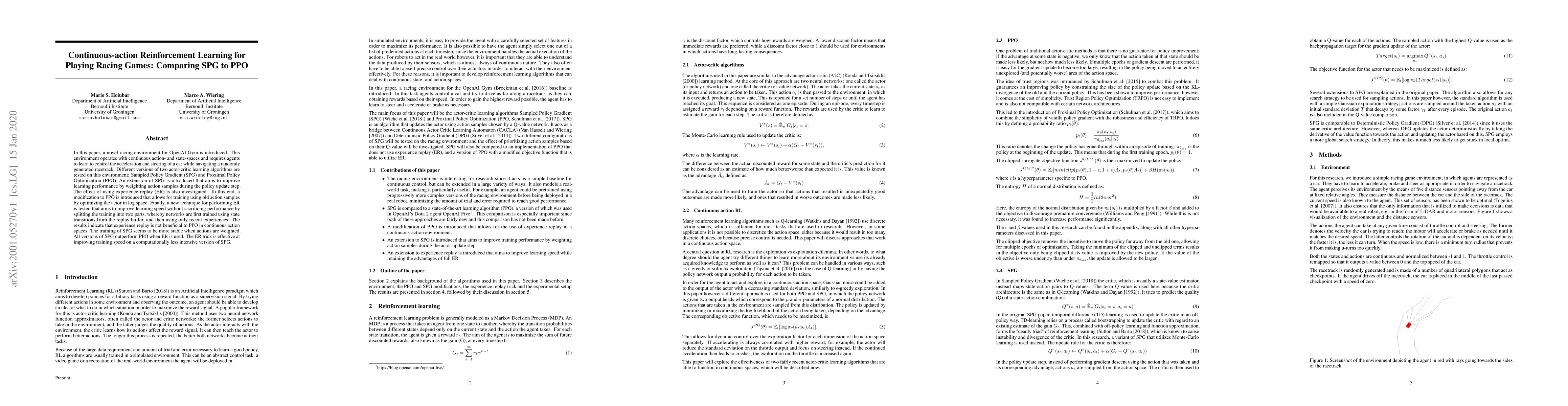 Thumbnail for Continuous-action Reinforcement Learning for Playing Racing Games:
  Comparing SPG to PPO