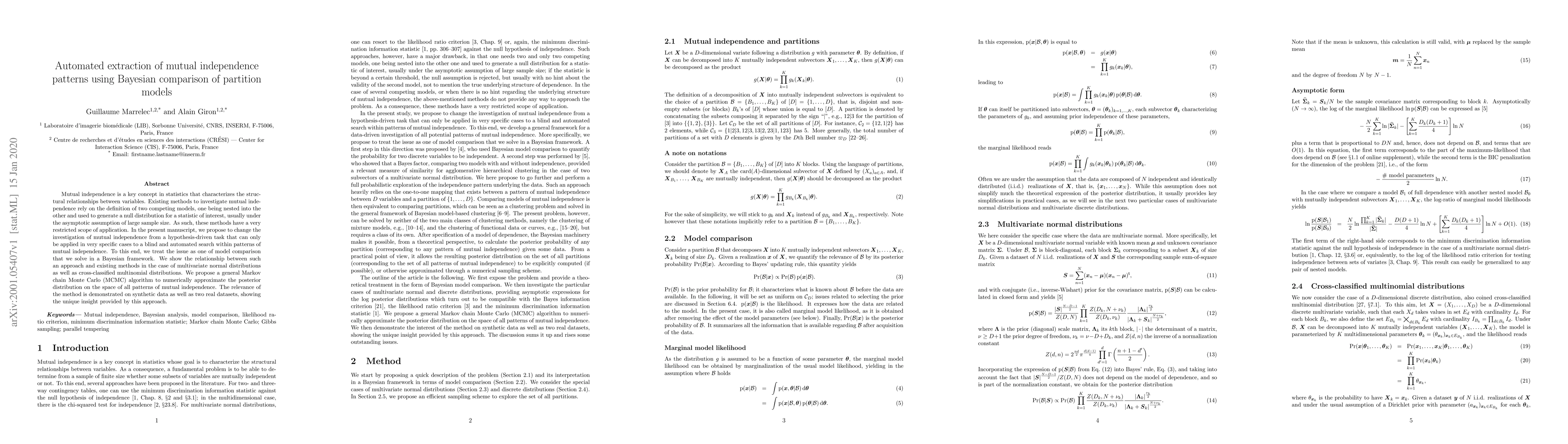 Thumbnail for Automated extraction of mutual independence patterns using Bayesian
  comparison of partition models