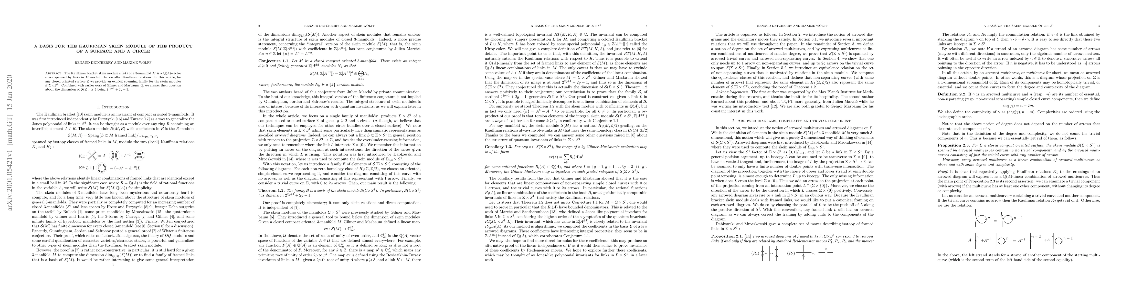 Thumbnail for A basis for the Kauffman skein module of the product of a surface and a
  circle