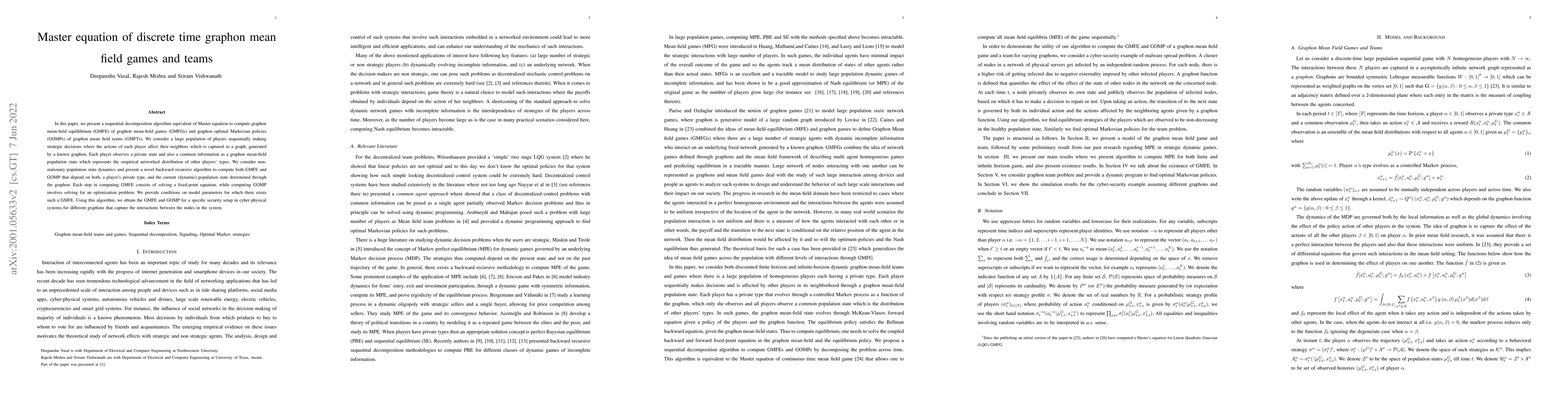 Thumbnail for Master equation of discrete time graphon mean field games and teams