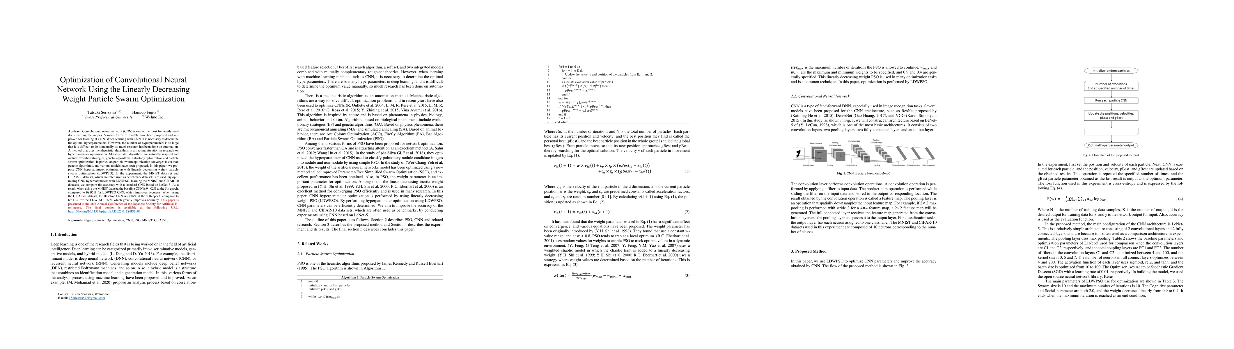 Thumbnail for Optimization of Convolutional Neural Network Using the Linearly
  Decreasing Weight Particle Swarm Optimization