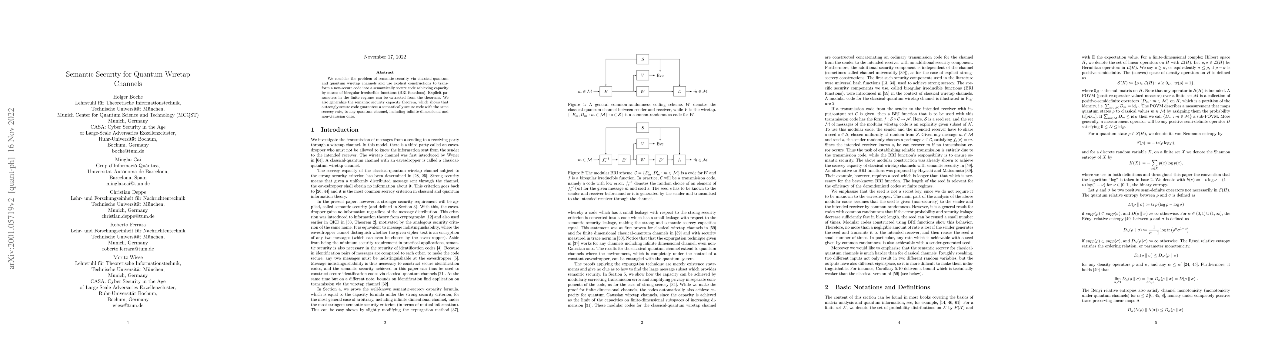 Thumbnail for Semantic Security for Quantum Wiretap Channels