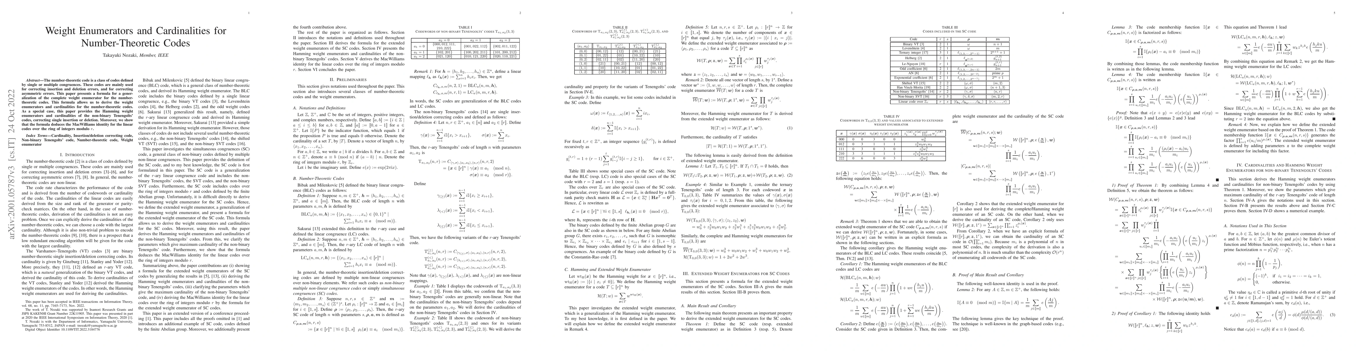Thumbnail for Weight Enumerators and Cardinalities for Number-Theoretic Codes