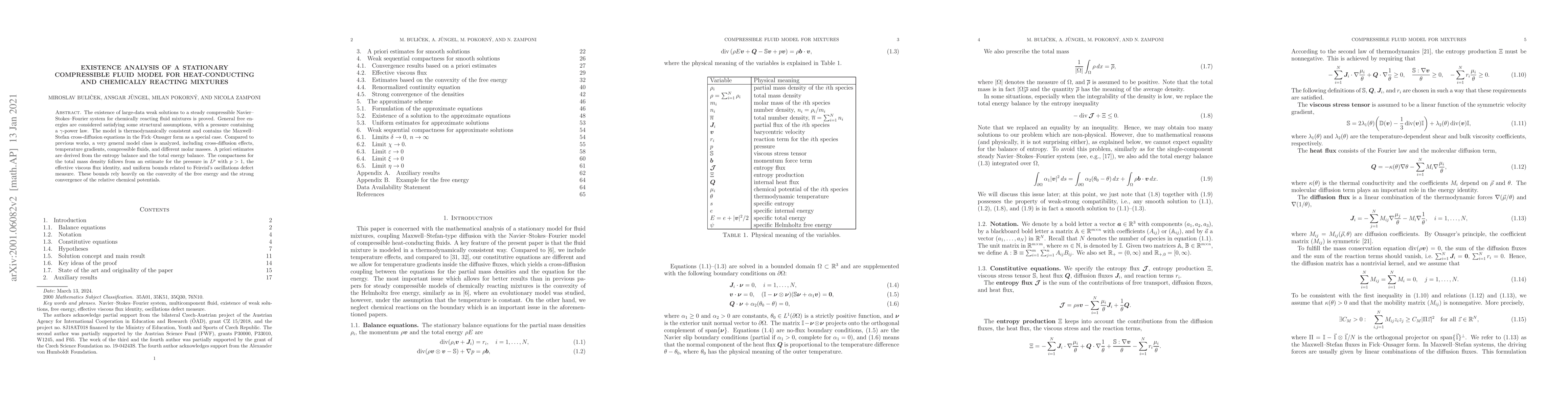 Thumbnail for Existence analysis of a stationary compressible fluid model for
  heat-conducting and chemically reacting mixtures