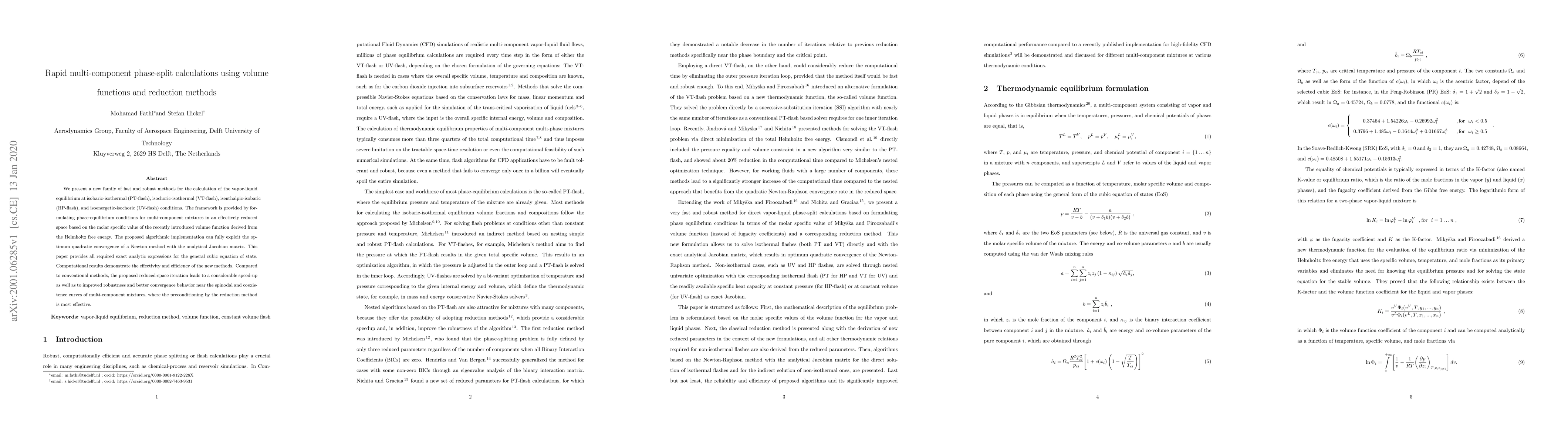 Thumbnail for Rapid multi-component phase-split calculations using volume functions
  and reduction methods