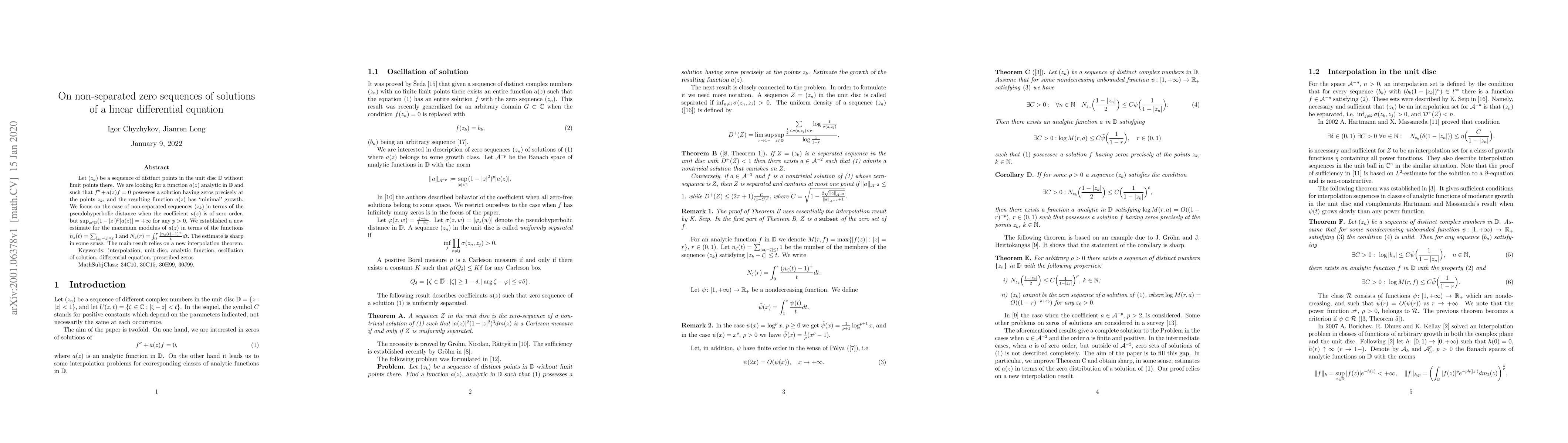 Thumbnail for On non-separated zero sequences of solutions of a linear differential
  equation