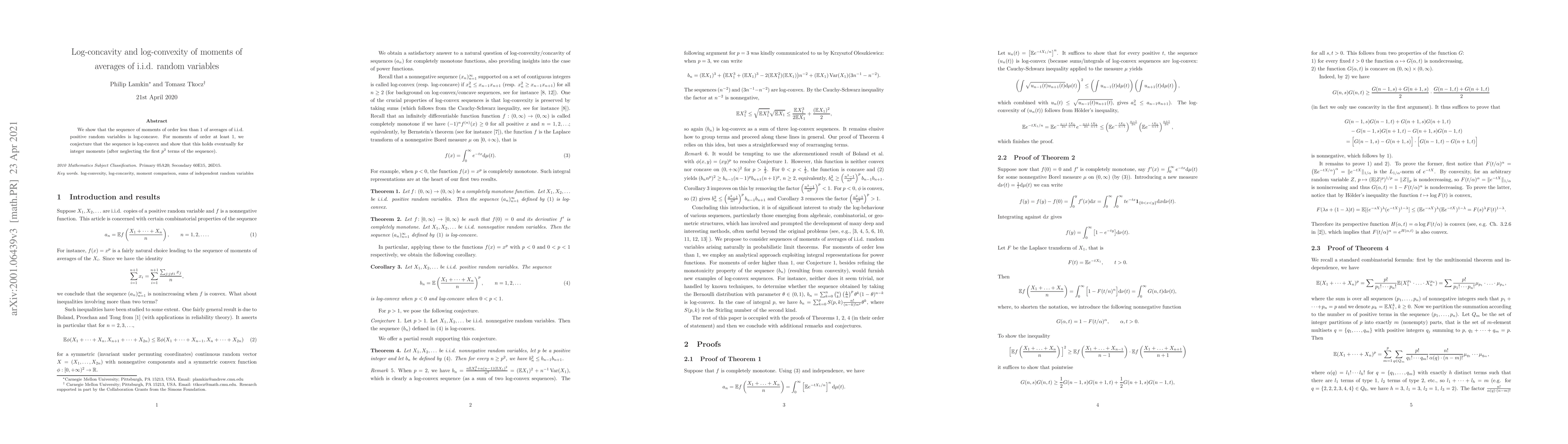Thumbnail for Log-concavity and log-convexity of moments of averages of i.i.d. random
  variables