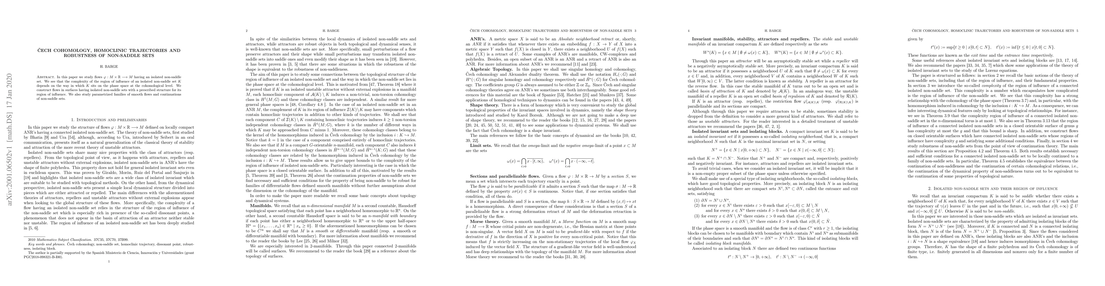 Thumbnail for Cech cohomology, homoclinic trajectories and robustness of non-saddle
  sets