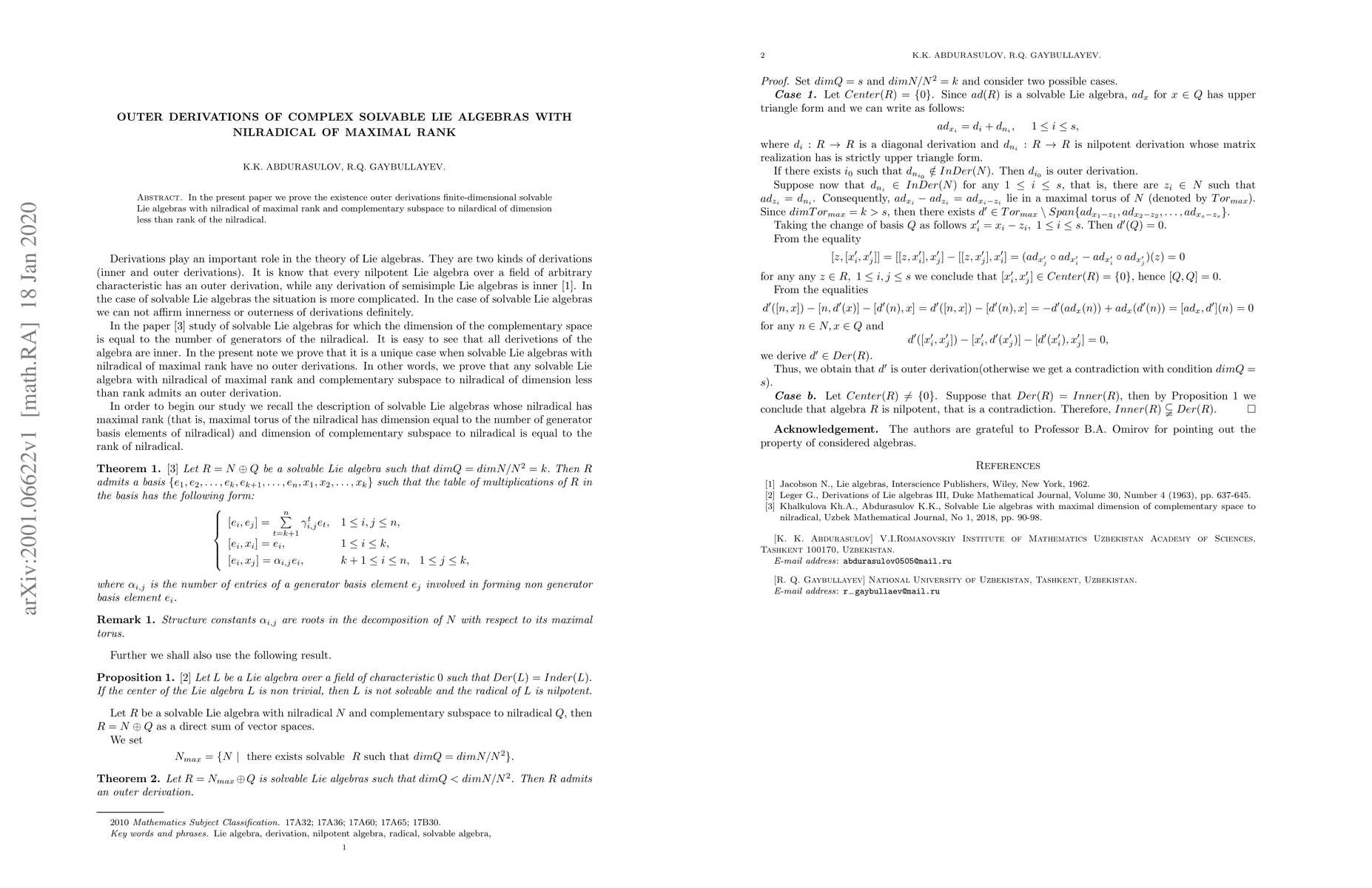 Thumbnail for Outer derivations of complex solvable Lie algebras with nilradical of
  maximal rank