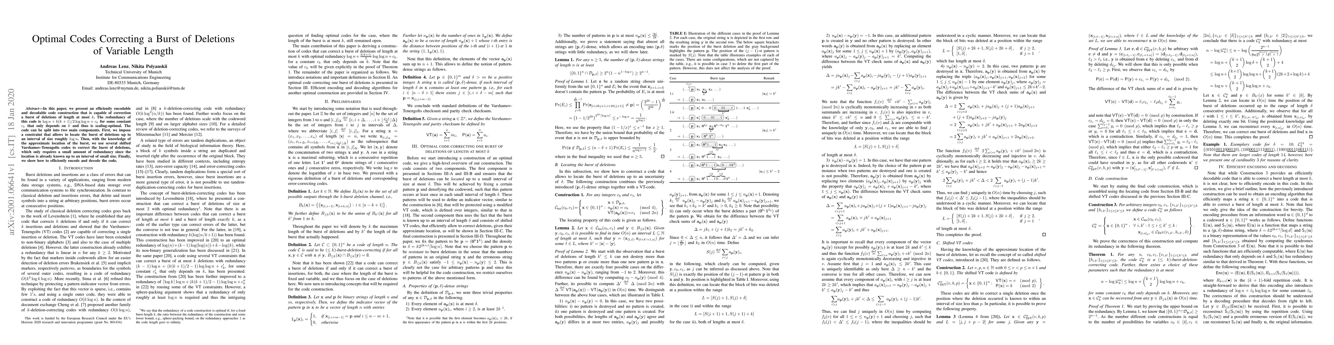 Thumbnail for Optimal Codes Correcting a Burst of Deletions of Variable Length