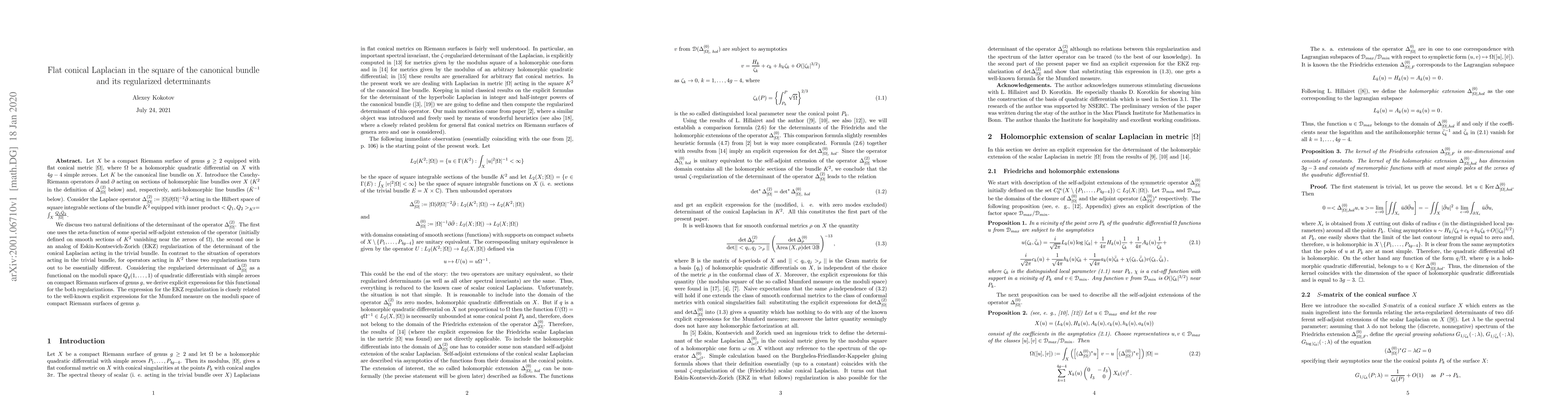 Thumbnail for Flat conical Laplacian in the square of the canonical bundle and its
  regularized determinants