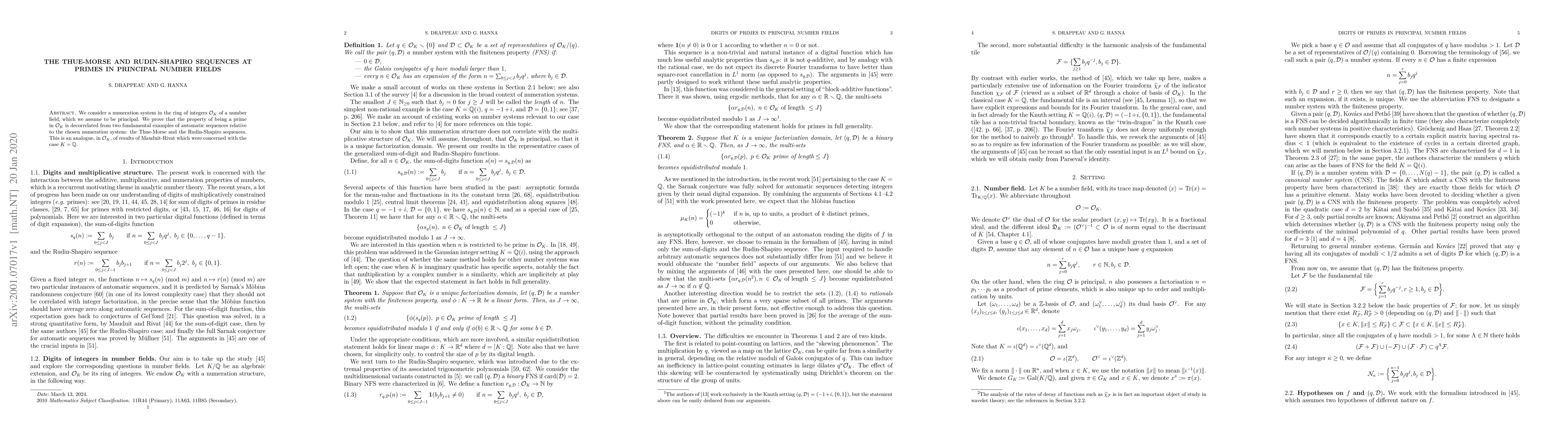 Thumbnail for The Thue-Morse and Rudin-Shapiro sequences at primes in principal number
  fields