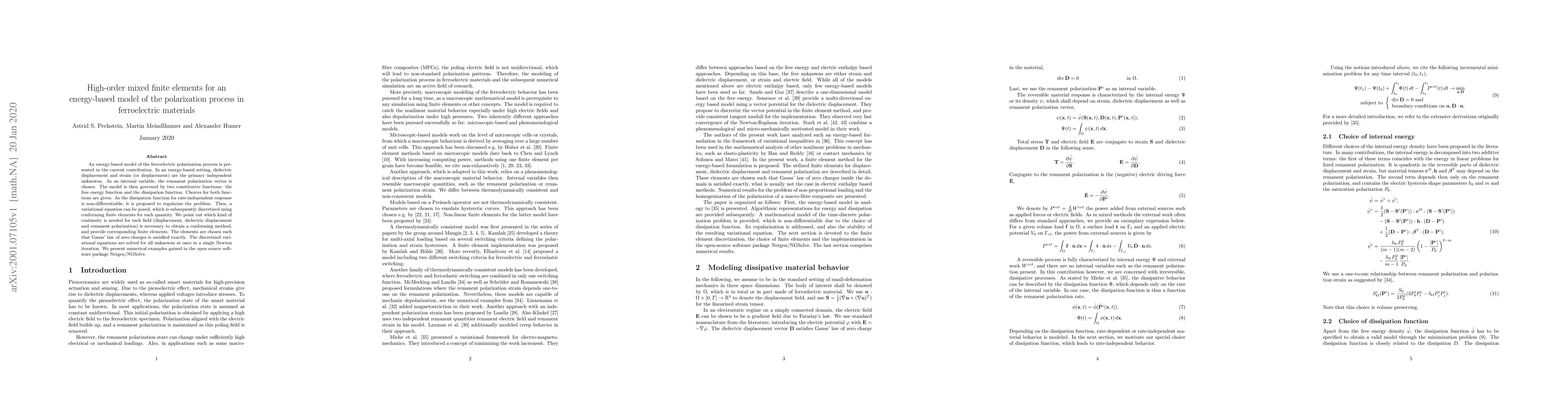 Thumbnail for High-order mixed finite elements for an energy-based model of the
  polarization process in ferroelectric materials