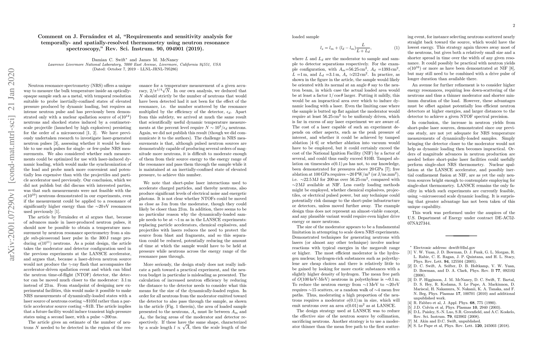 Thumbnail for Comment on J. Fernandez et al, "Requirements and sensitivity analysis
  for temporally- and spatially-resolved thermometry using neutron resonance
  spectroscopy," Rev. Sci. Instrum. 90, 094901 (2019)