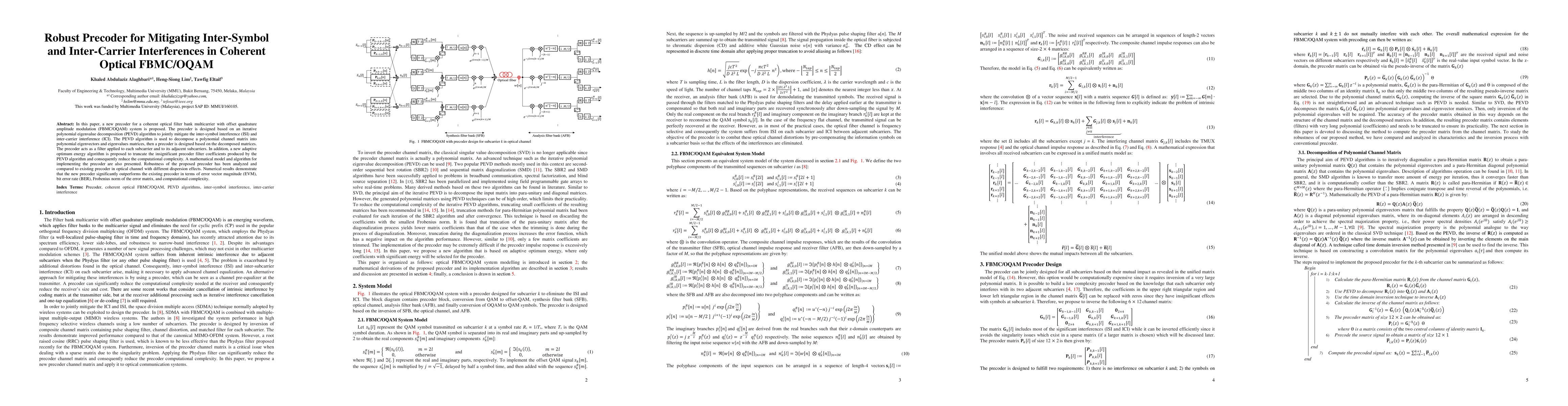 Thumbnail for Robust Precoder for Mitigating Inter-Symbol and Inter-Carrier
  Interferences in Coherent Optical FBMC/OQAM