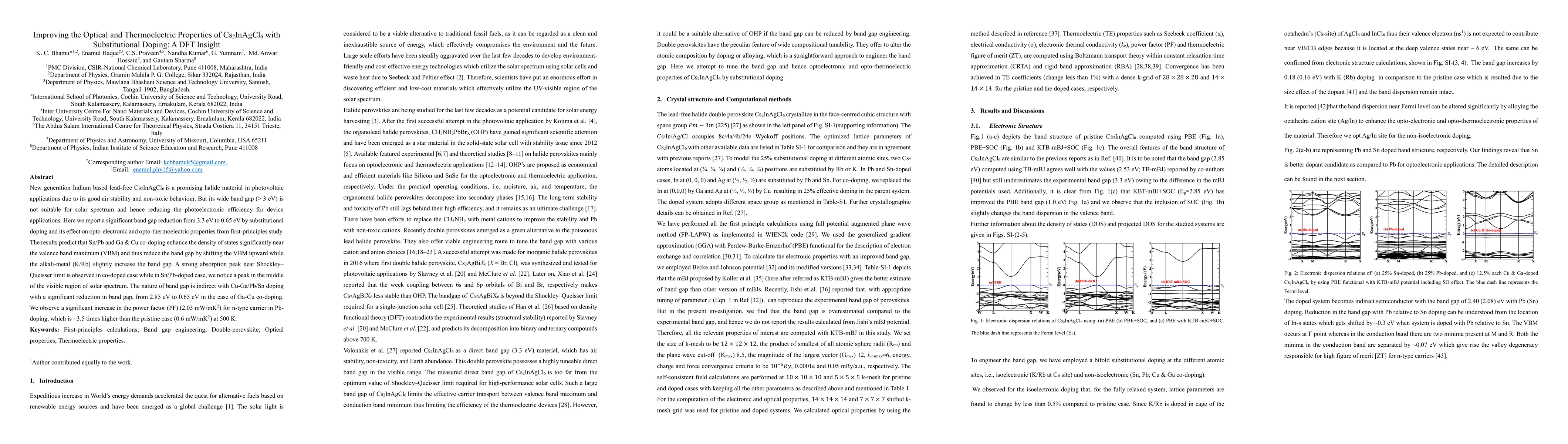 Thumbnail for Improving the Optical and Thermoelectric Properties of Cs2InAgCl6 with
  Substitutional Doping: A DFT Insight