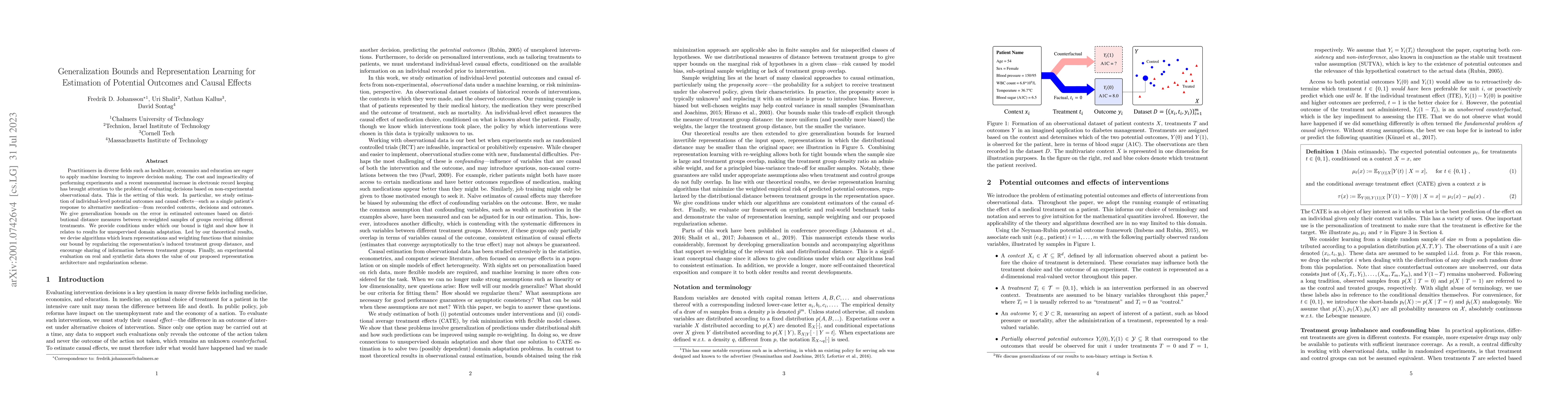 Thumbnail for Generalization Bounds and Representation Learning for Estimation of
  Potential Outcomes and Causal Effects