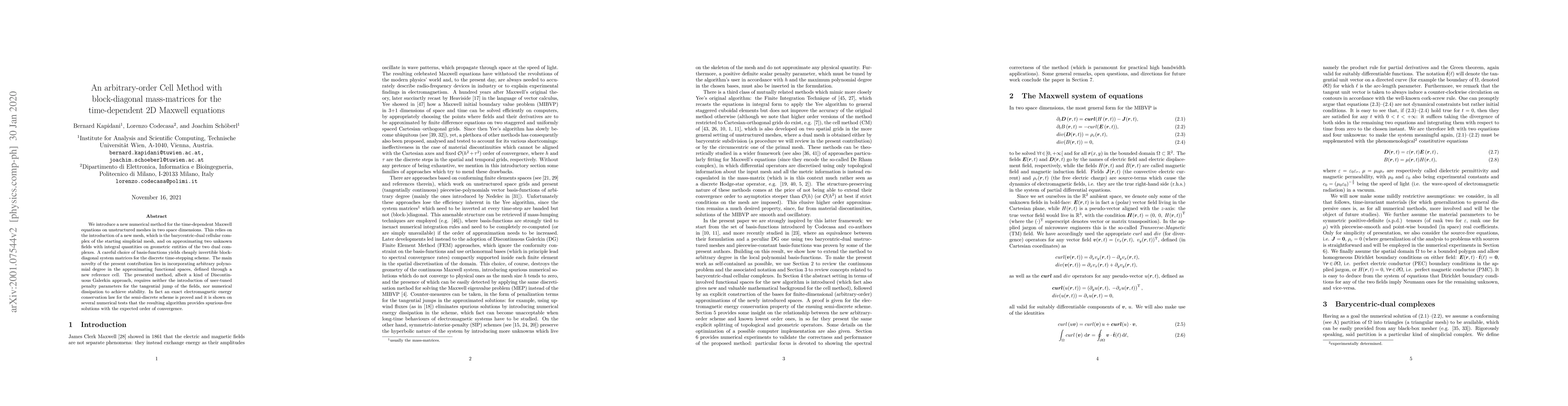 Thumbnail for An arbitrary-order Cell Method with block-diagonal mass-matrices for the
  time-dependent 2D Maxwell equations