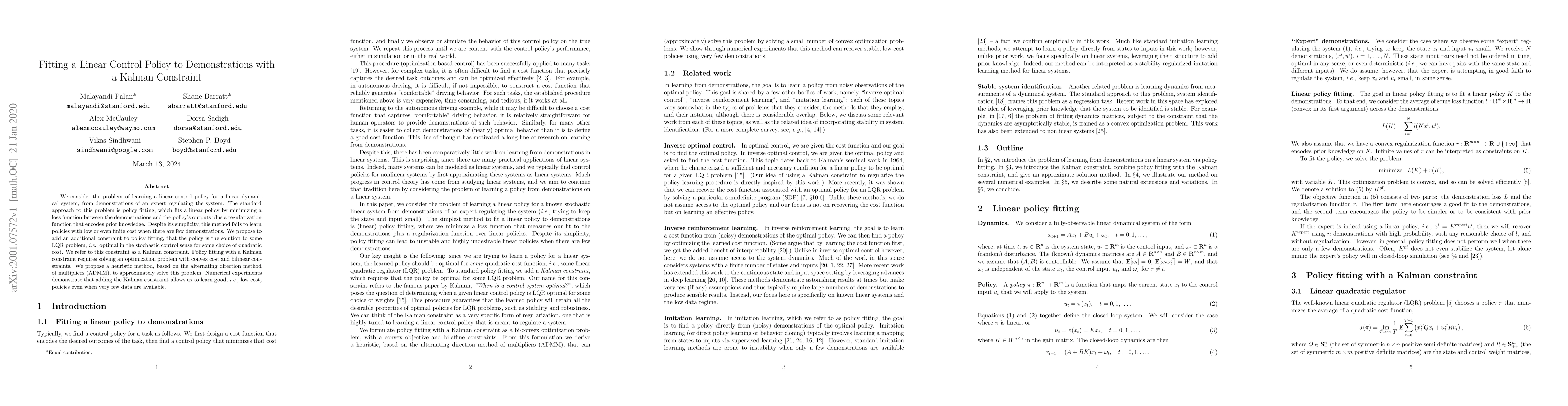 Thumbnail for Fitting a Linear Control Policy to Demonstrations with a Kalman
  Constraint