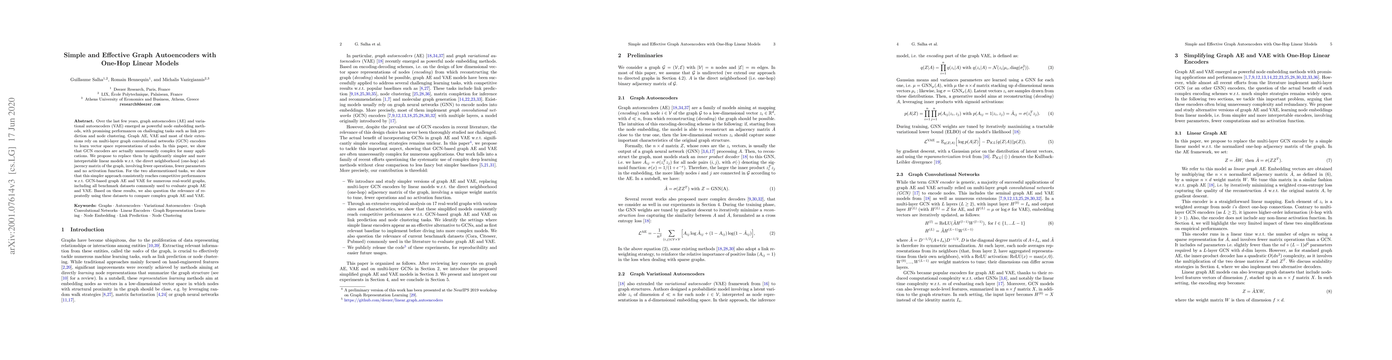 Thumbnail for Simple and Effective Graph Autoencoders with One-Hop Linear Models