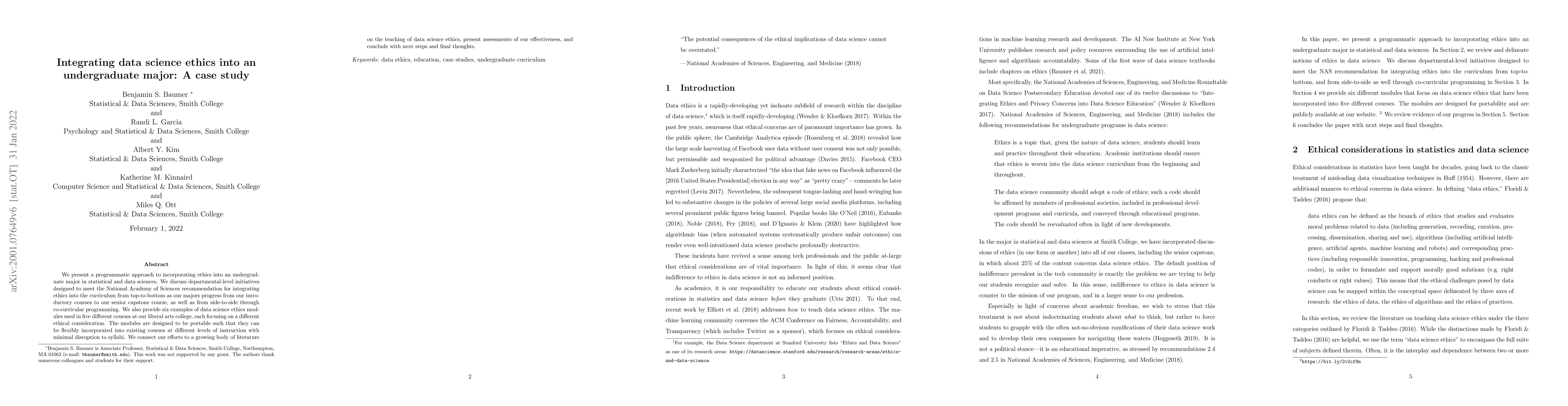 Thumbnail for Integrating data science ethics into an undergraduate major: A case
  study