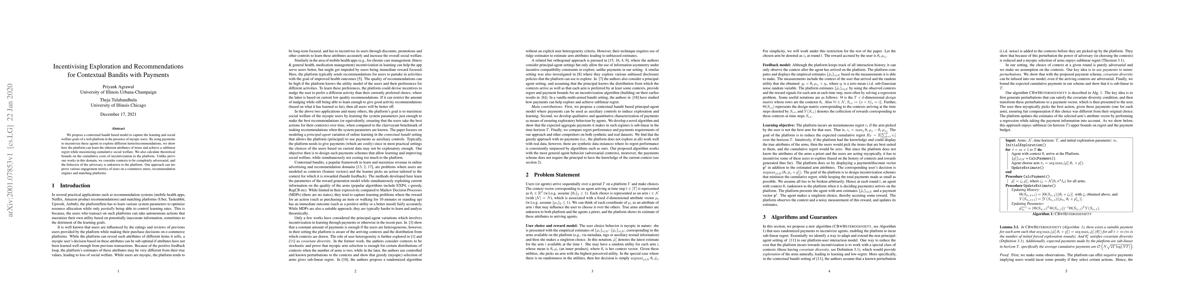 Thumbnail for Incentivising Exploration and Recommendations for Contextual Bandits
  with Payments
