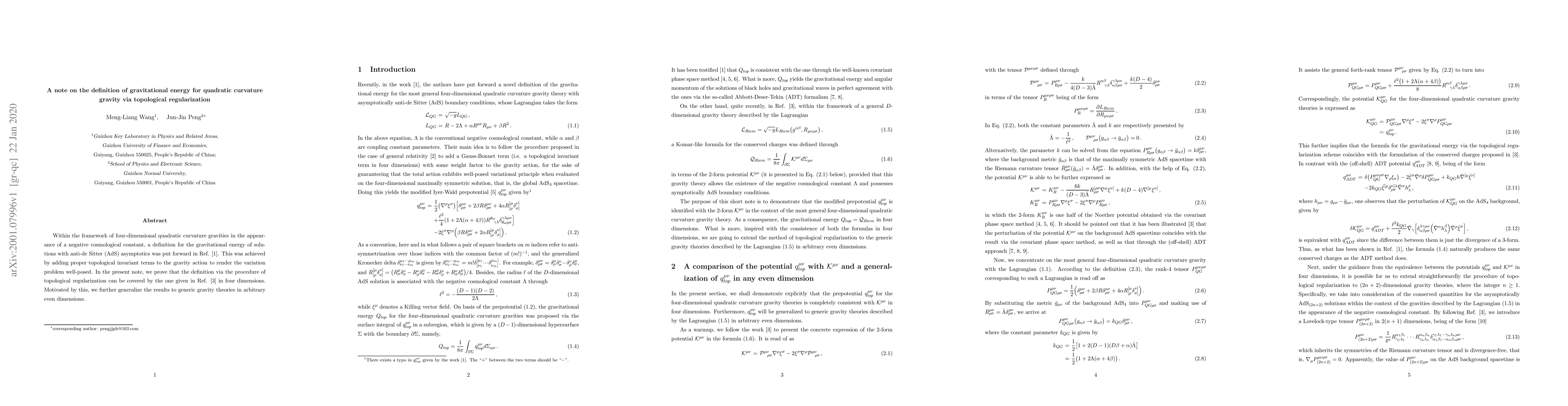 Thumbnail for A note on the definition of gravitational energy for quadratic curvature
  gravity via topological regularization