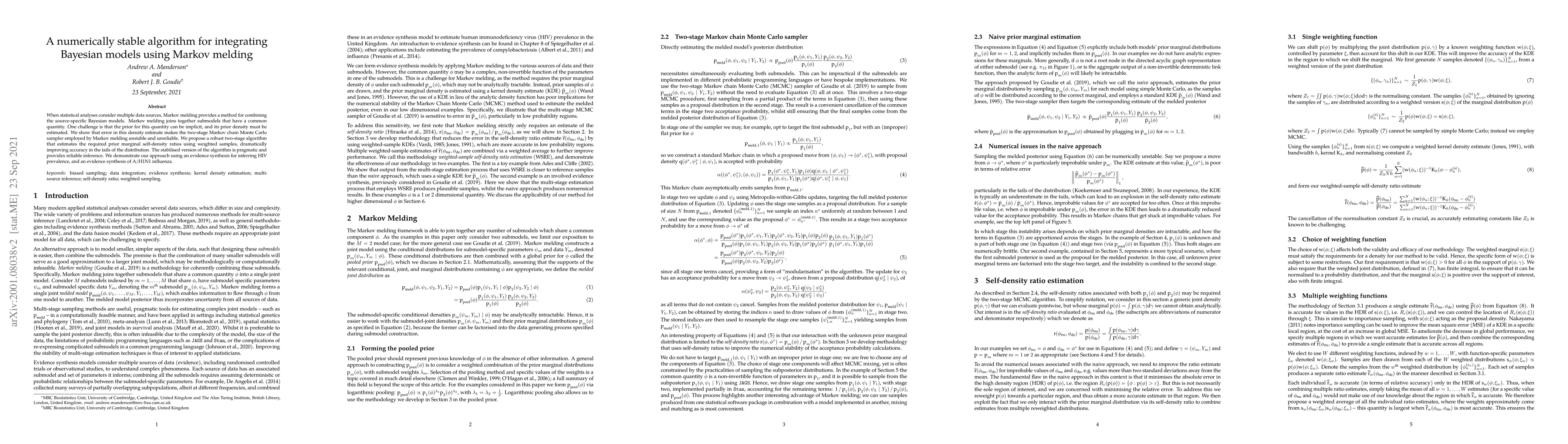 Thumbnail for A numerically stable algorithm for integrating Bayesian models using
  Markov melding