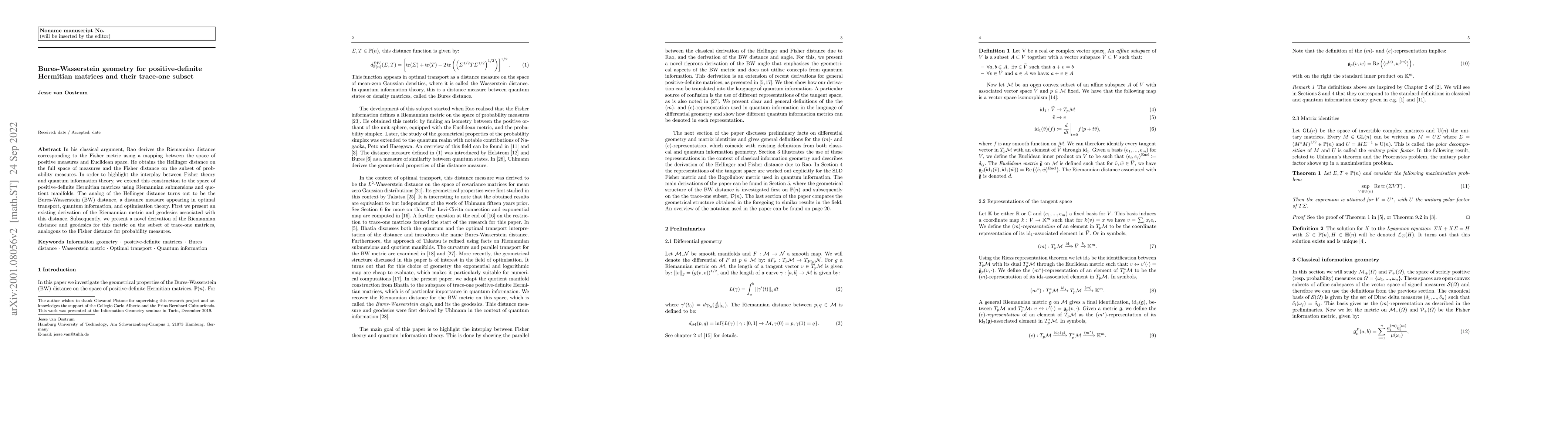 Thumbnail for Bures-Wasserstein geometry for positive-definite Hermitian matrices and
  their trace-one subset