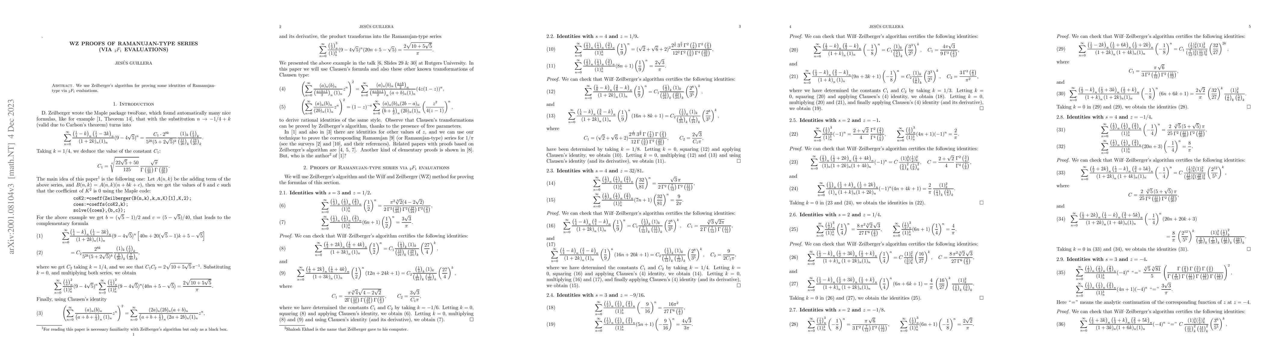 Thumbnail for WZ proofs of Ramanujan-type series (via $_2F_1$ evaluations)