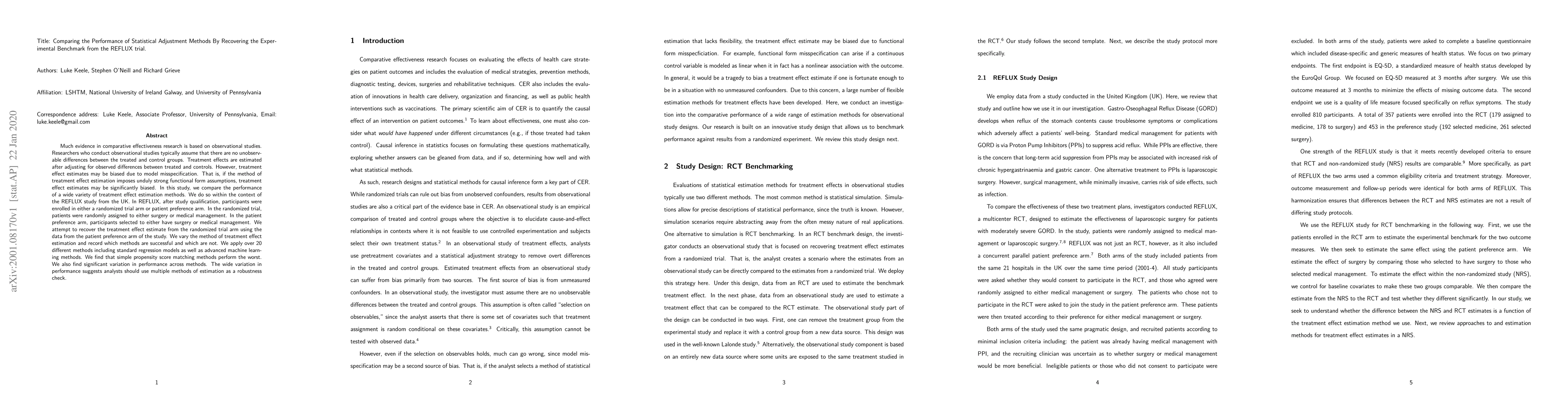 Thumbnail for Comparing the Performance of Statistical Adjustment Methods By
  Recovering the Experimental Benchmark from the REFLUX Trial