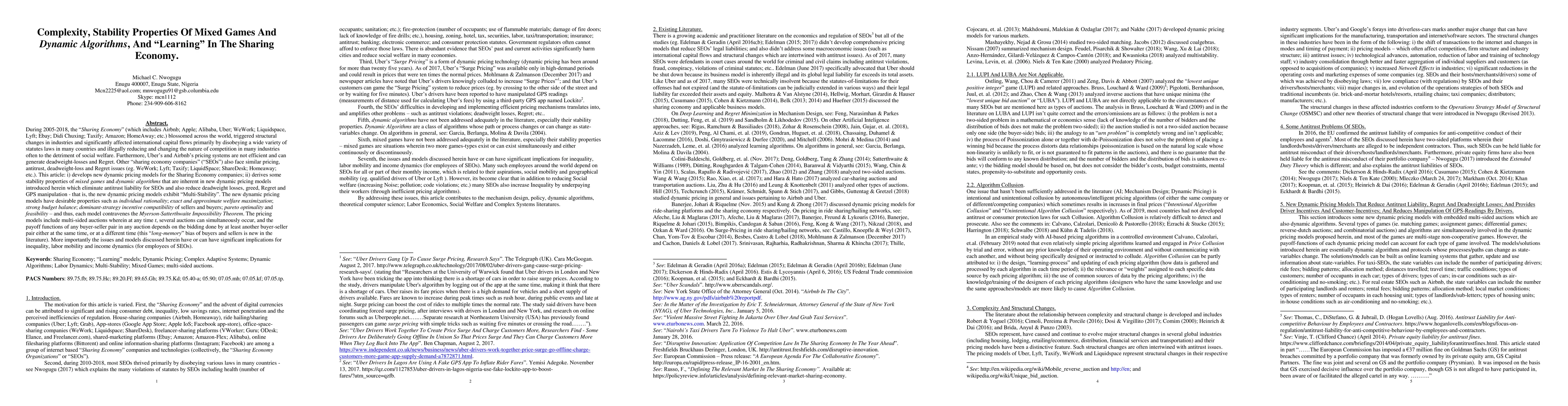 Thumbnail for Complexity, Stability Properties of Mixed Games and Dynamic Algorithms,
  and Learning in the Sharing Economy