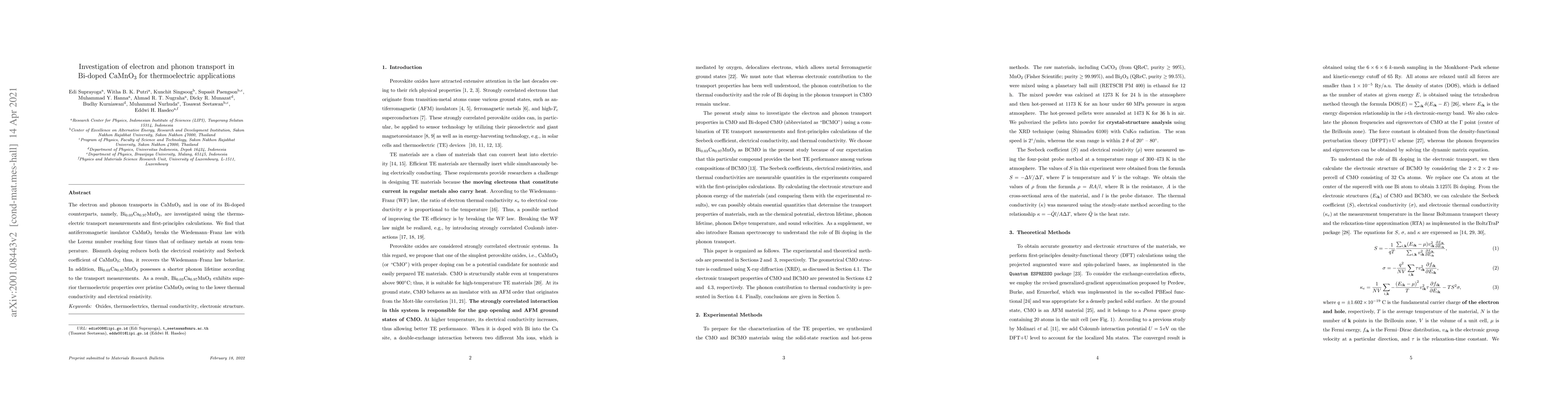 Thumbnail for Investigation of electron and phonon transport in Bi-doped CaMnO$_3$ for
  thermoelectric applications