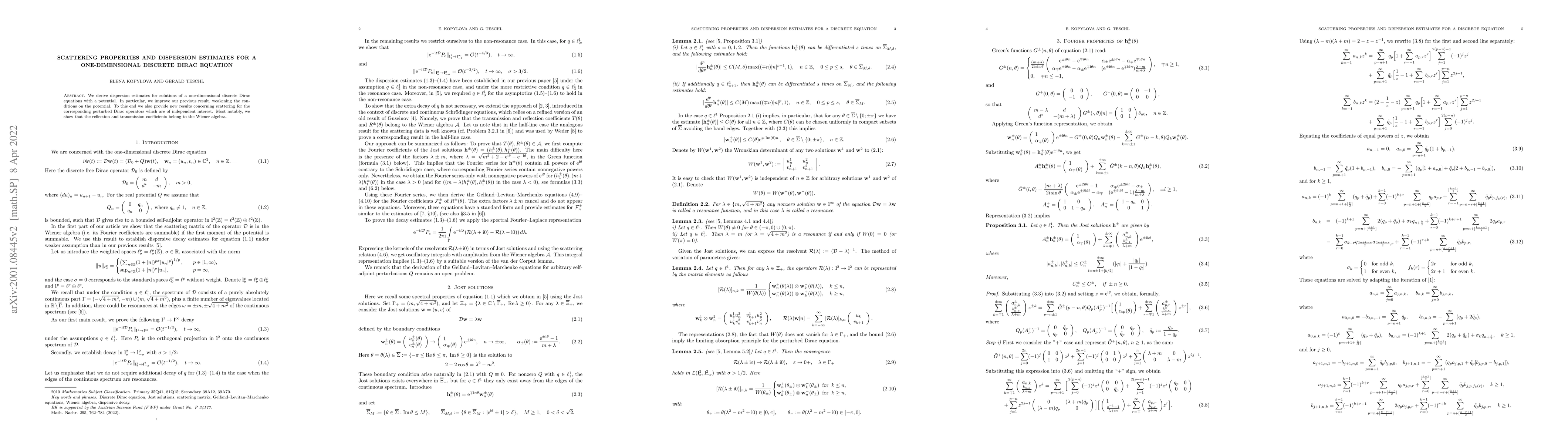 Thumbnail for Scattering Properties and Dispersion Estimates for a One-Dimensional
  Discrete Dirac Equation
