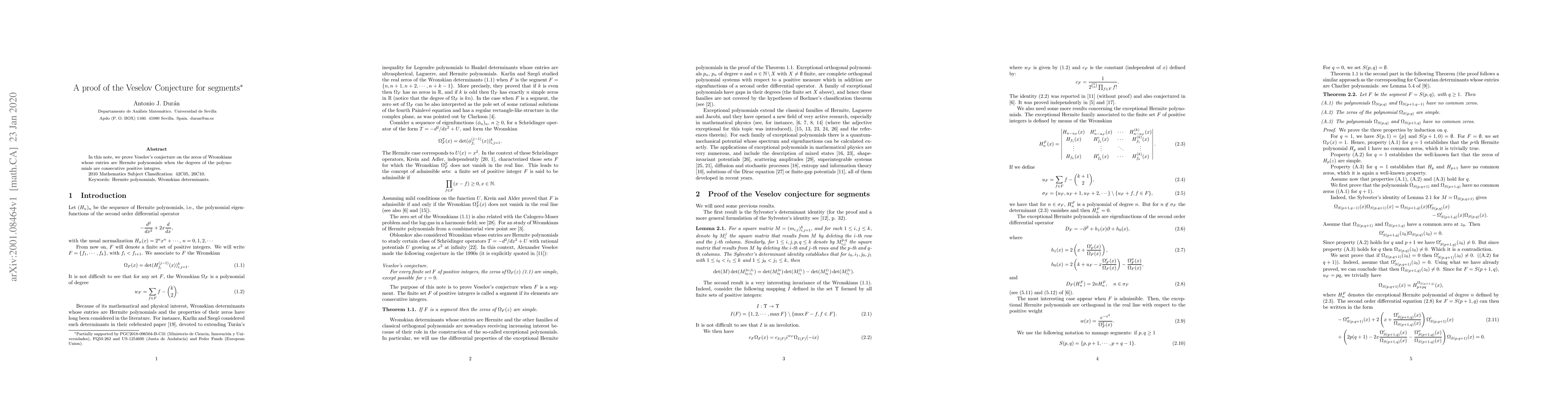 Thumbnail for A proof of the Veselov Conjecture for segments