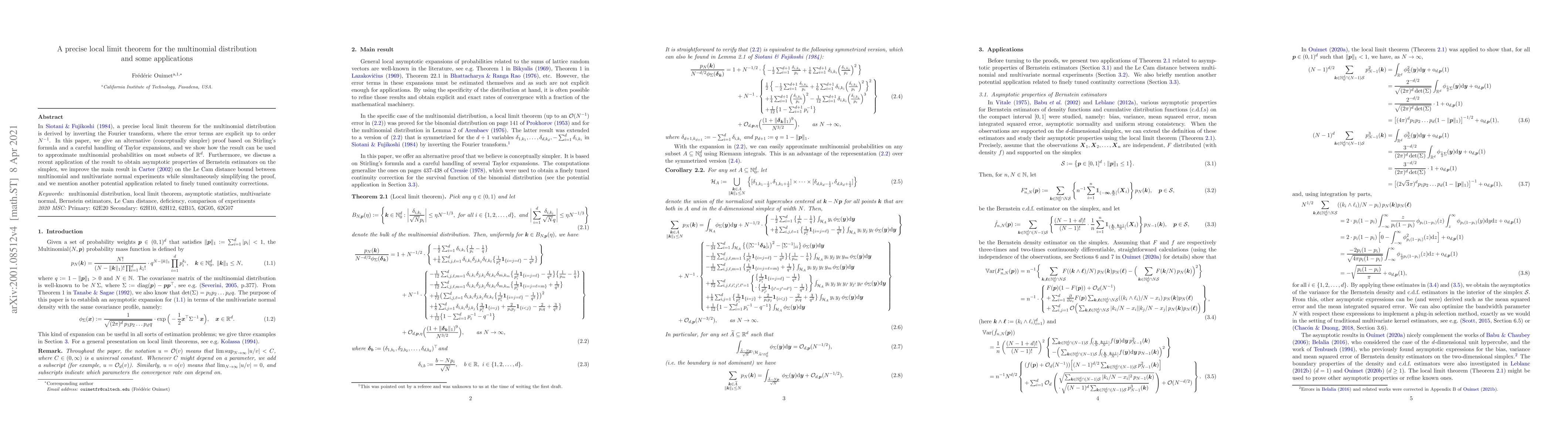 Thumbnail for A precise local limit theorem for the multinomial distribution and some
  applications