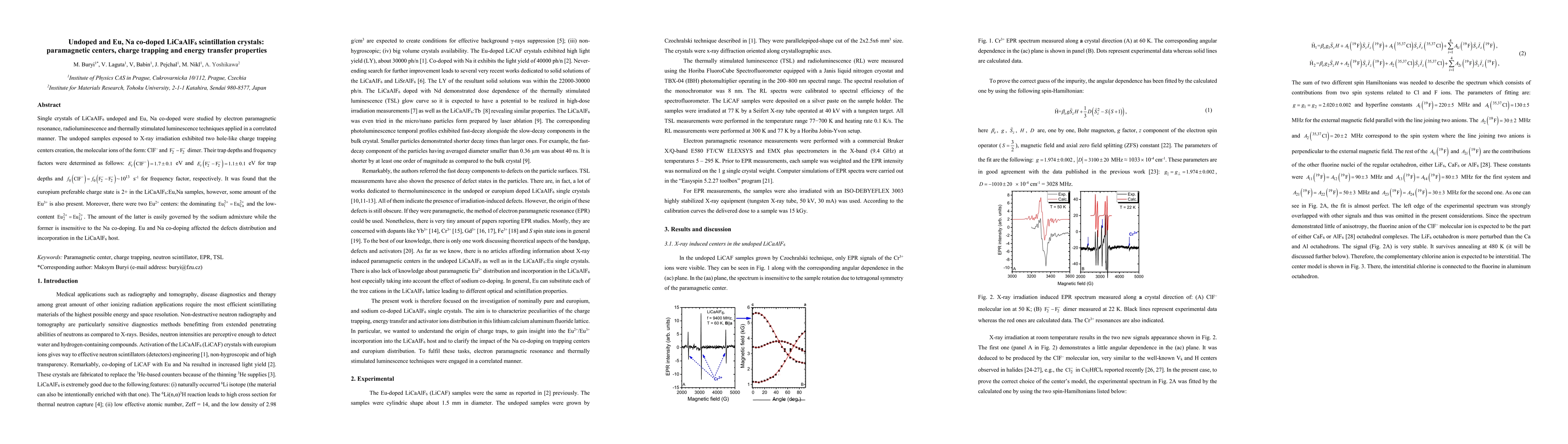 Thumbnail for Undoped and Eu, Na co-doped LiCaAlF6 scintillation crystals:
  paramagnetic centers, charge trapping and energy transfer properties