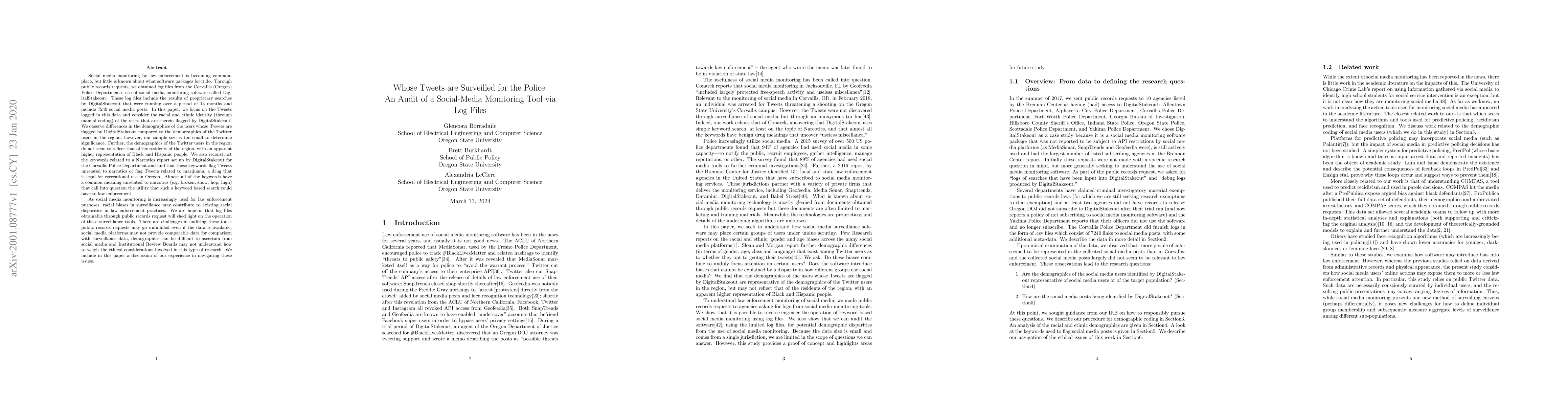 Thumbnail for Whose Tweets are Surveilled for the Police: An Audit of Social-Media
  Monitoring Tool via Log Files