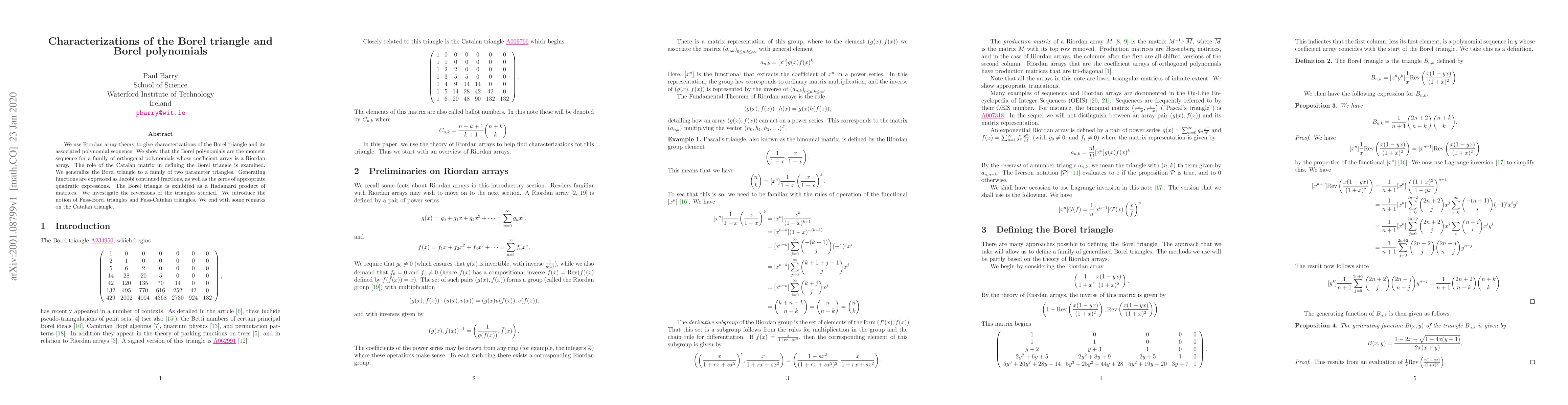 Thumbnail for Characterizations of the Borel triangle and Borel polynomials