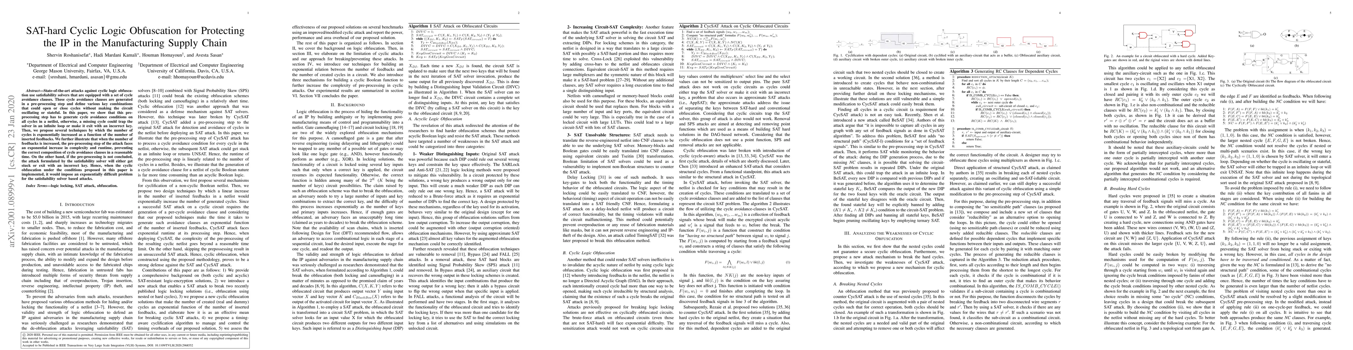Thumbnail for SAT-hard Cyclic Logic Obfuscation for Protecting the IP in the
  Manufacturing Supply Chain
