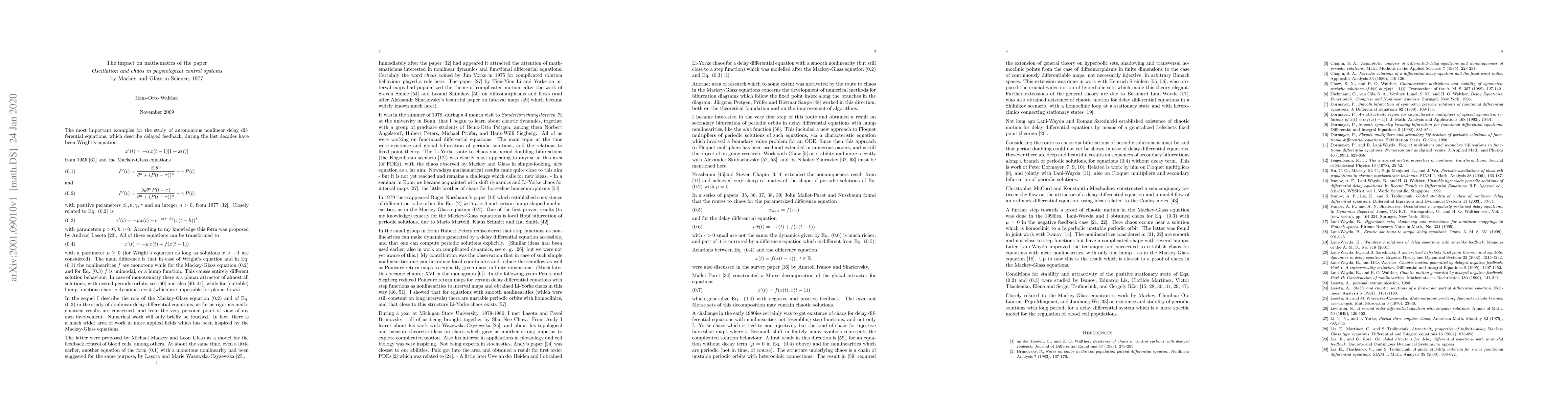 Thumbnail for The impact on mathematics of the paper ''Oscillation and Chaos in
  Physiological Control Systems'' by Mackey and Glass in Science, 1977