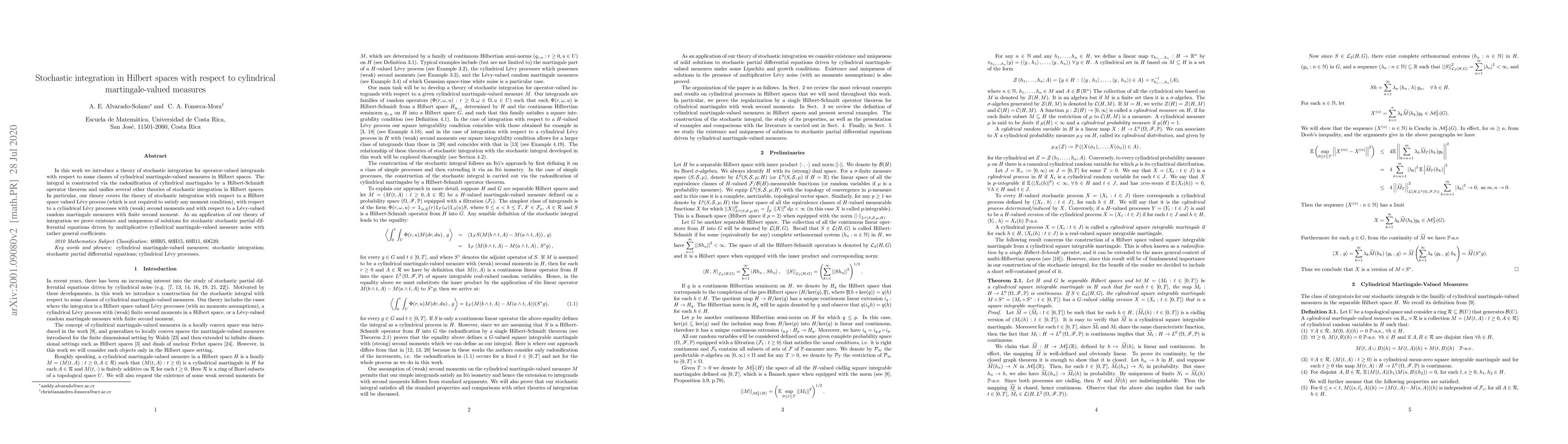 Thumbnail for Stochastic integration in Hilbert spaces with respect to cylindrical
  martingale-valued measures