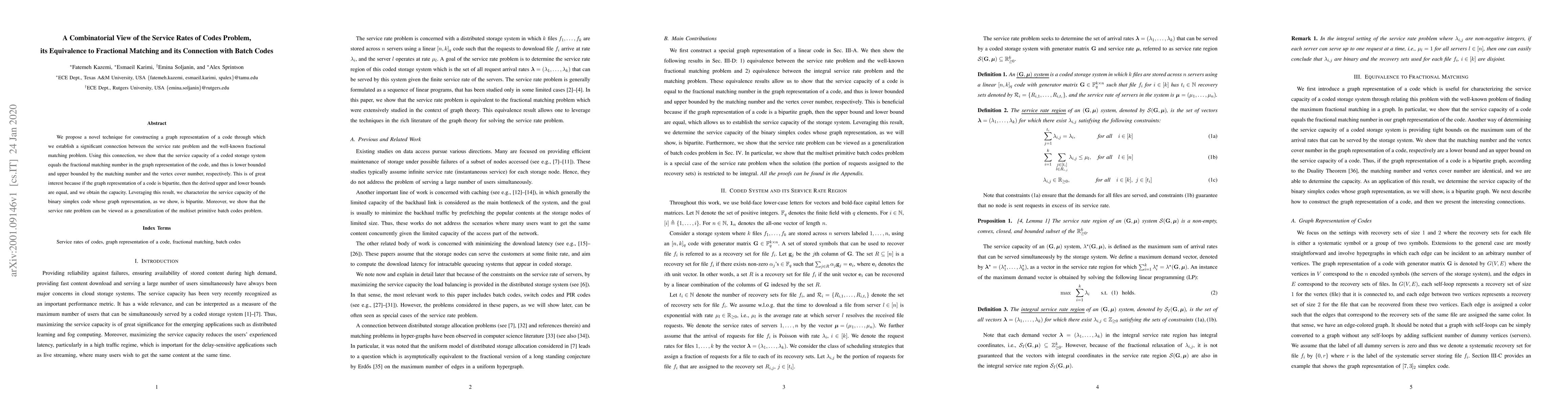 Thumbnail for A Combinatorial View of the Service Rates of Codes Problem, its
  Equivalence to Fractional Matching and its Connection with Batch Codes