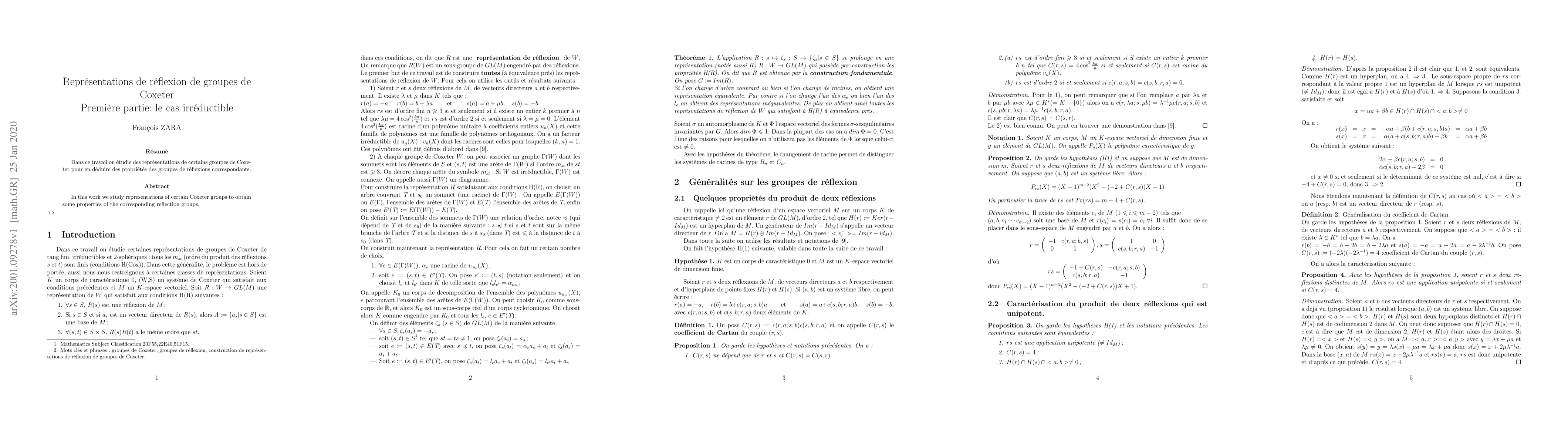 Thumbnail for Repr\'esentations de r\'eflexion de groupes de Coxeter Premi\`ere
  partie: le cas irr\'eductible