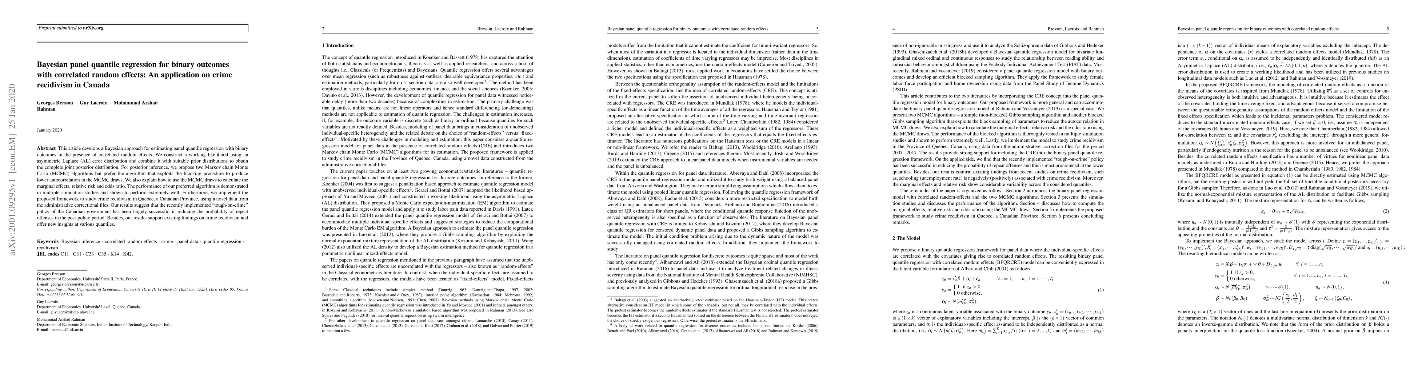 Thumbnail for Bayesian Panel Quantile Regression for Binary Outcomes with Correlated
  Random Effects: An Application on Crime Recidivism in Canada