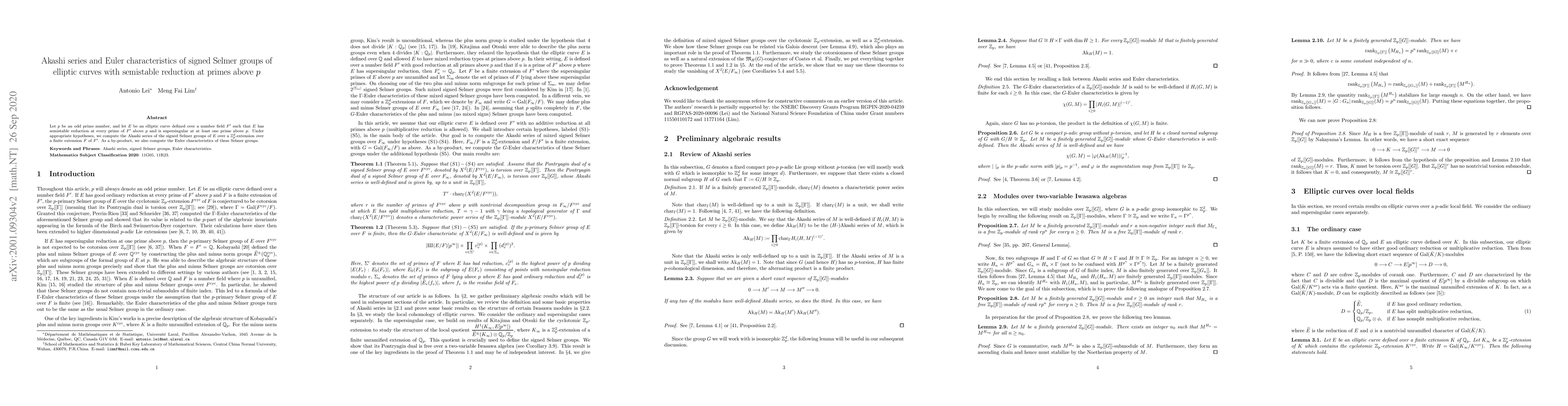 Thumbnail for Akashi series and Euler characteristics of signed Selmer groups of
  elliptic curves with semistable reduction at primes above p