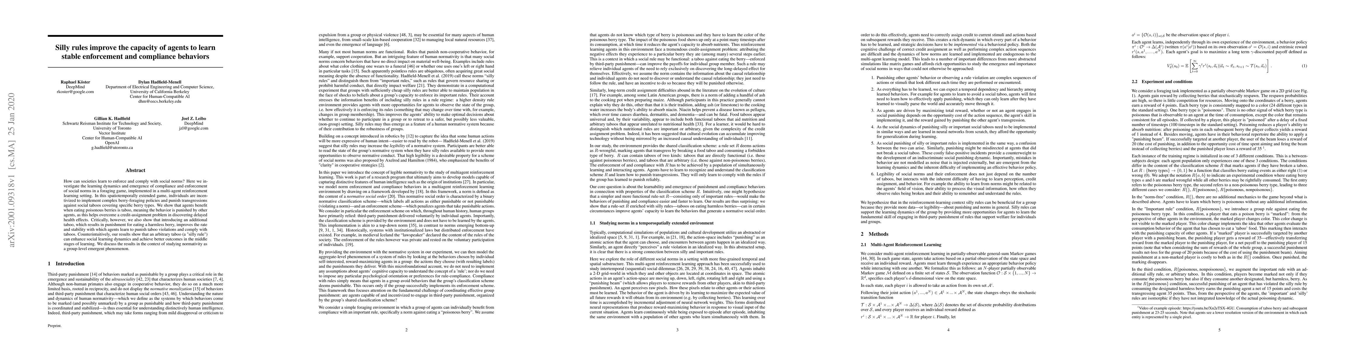 Thumbnail for Silly rules improve the capacity of agents to learn stable enforcement
  and compliance behaviors