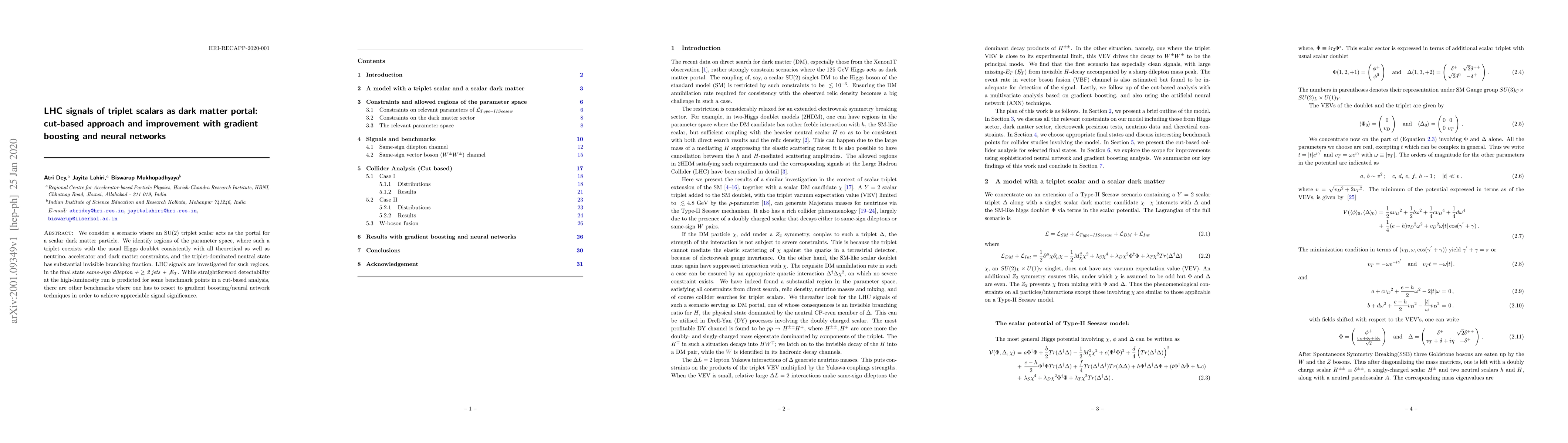 Thumbnail for LHC signals of triplet scalars as dark matter portal: cut-based approach
  and improvement with gradient boosting and neural networks