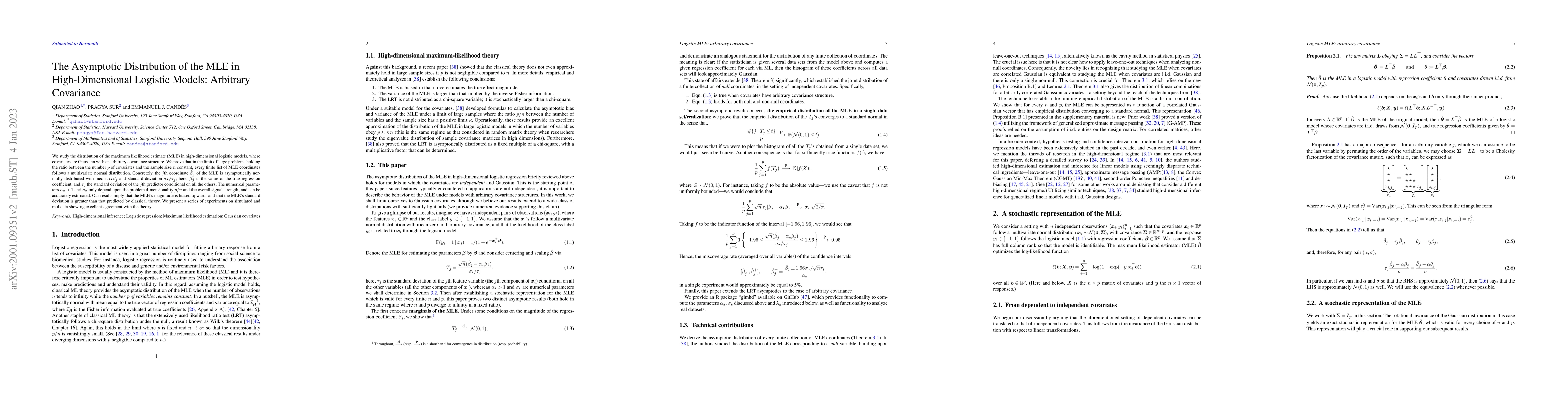 Thumbnail for The Asymptotic Distribution of the MLE in High-dimensional Logistic
  Models: Arbitrary Covariance
