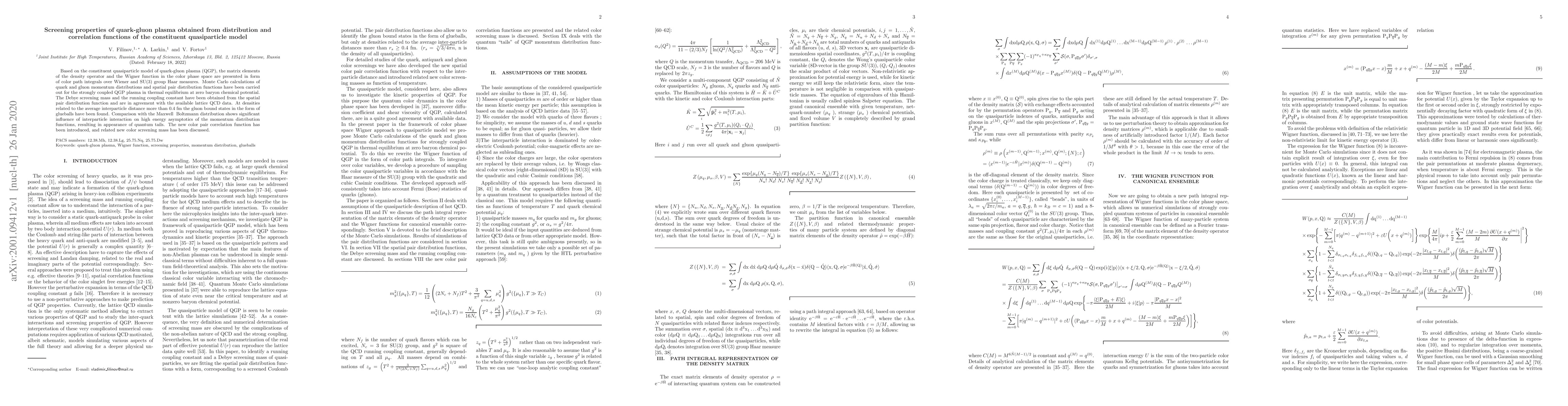 Thumbnail for Screening properties of quark-gluon plasma obtained from distribution
  and correlation functions of the constituent quasiparticle model